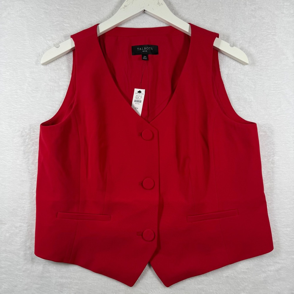 Talbots Red Button Front Vest Petite 10P NWT Professional Career Office Layering